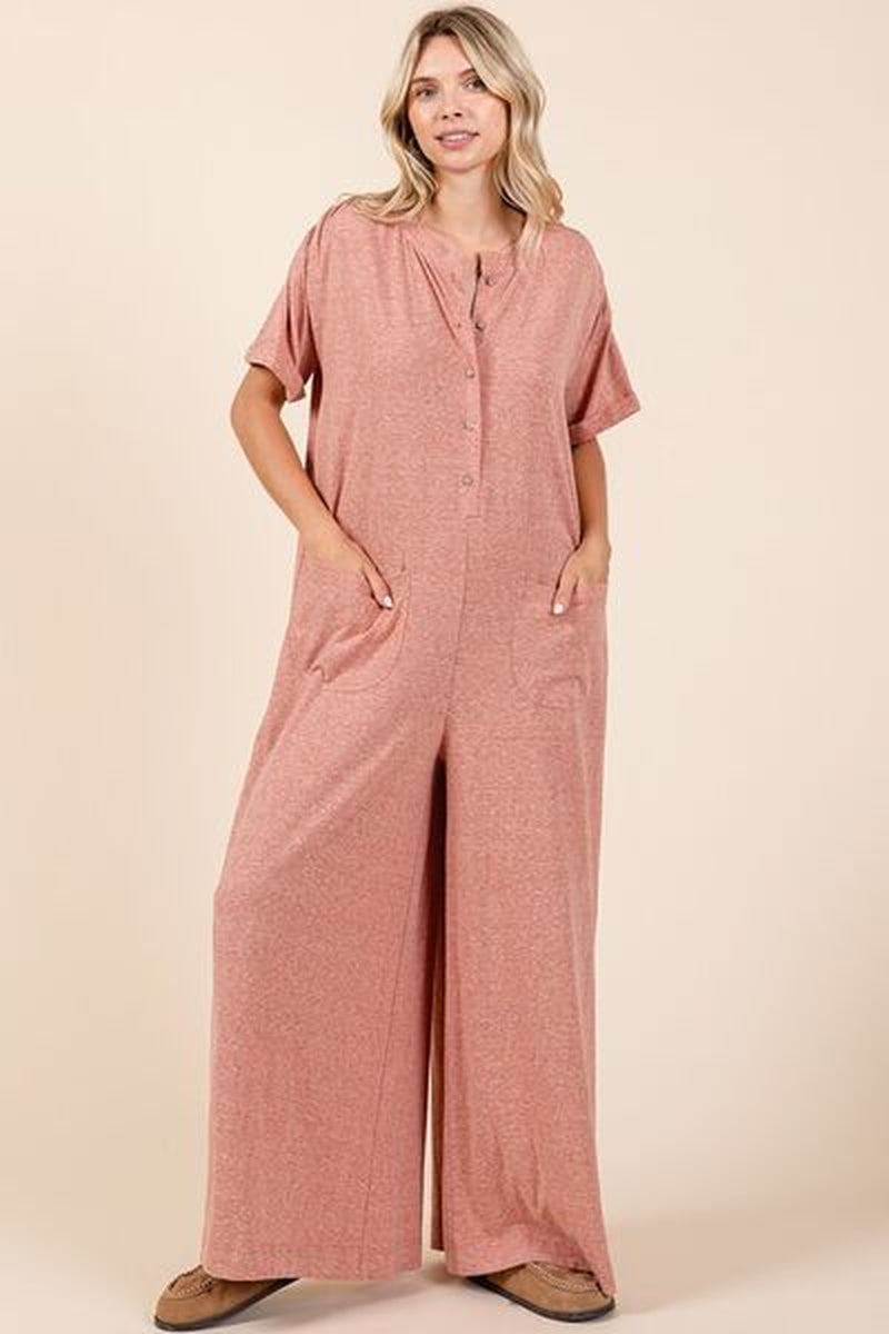 Mittoshop Button Detail Jumpsuit - Short Sleeve Wide Leg Jumpsuit