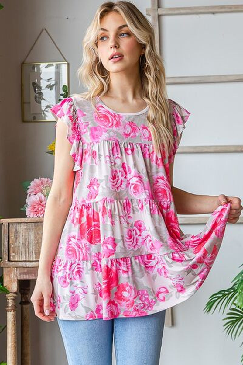 Heimish Full Size Butterfly Sleeve round Neck Floral Tiered Top plus Size