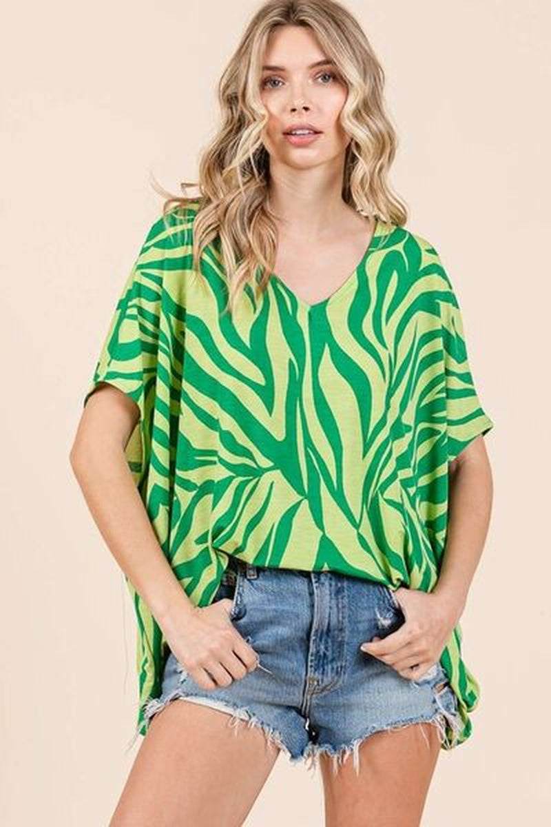 Mittoshop Zebra Print V-Neck Short Sleeve Oversized Top
