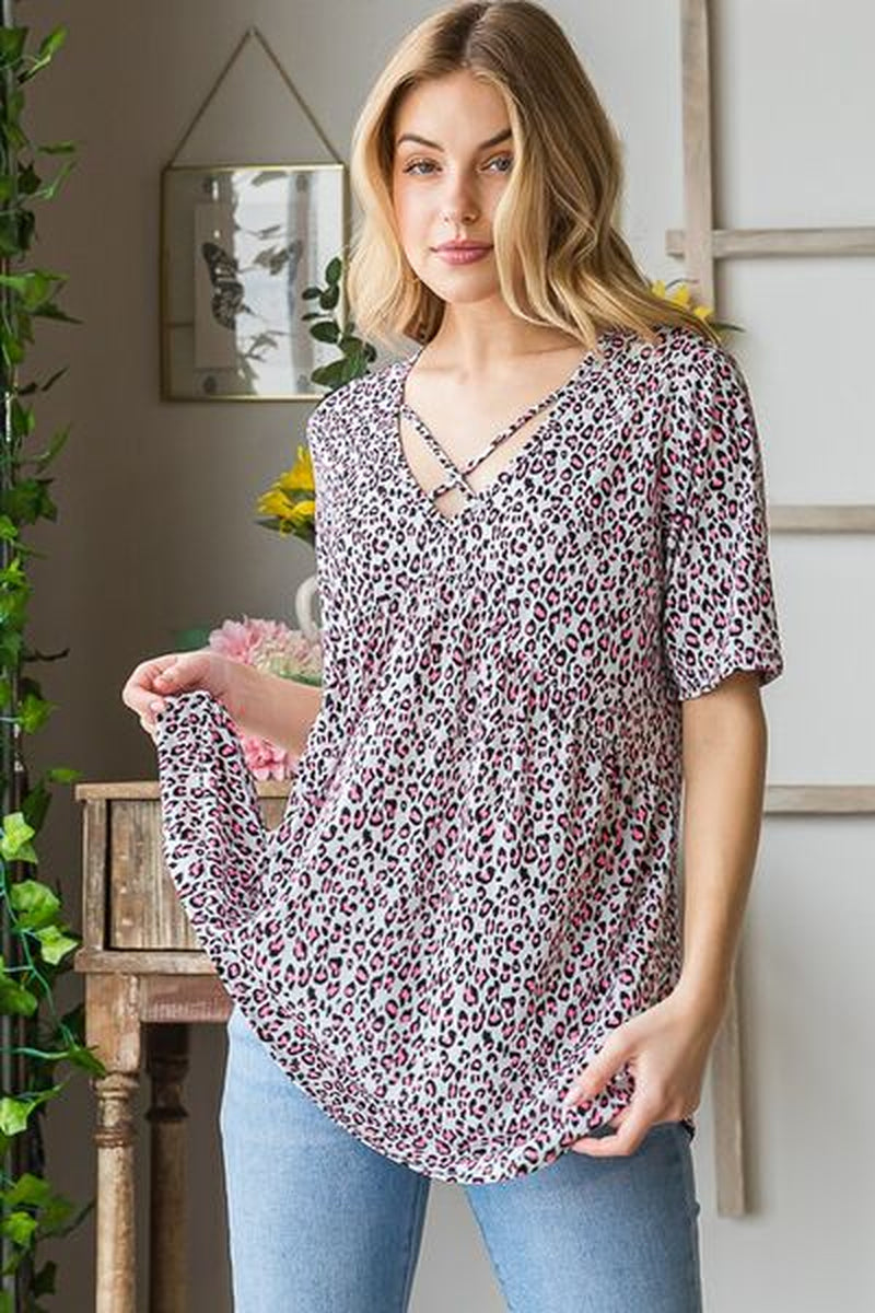 Heimish Full Size Short Sleeve Crisscross Animal Babydoll Top plus Size
