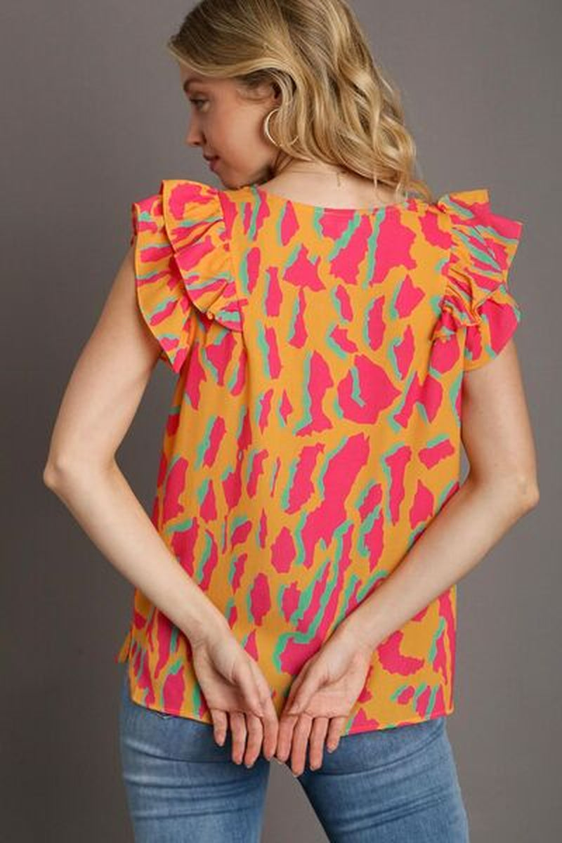 Umgee Full Size Abstract Print V-Neck Double Layer Ruffle Sleeve Blouse plus Size