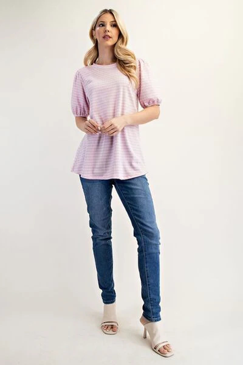 Celeste Full Size Gingham Print Top with Puff Sleeves plus Size