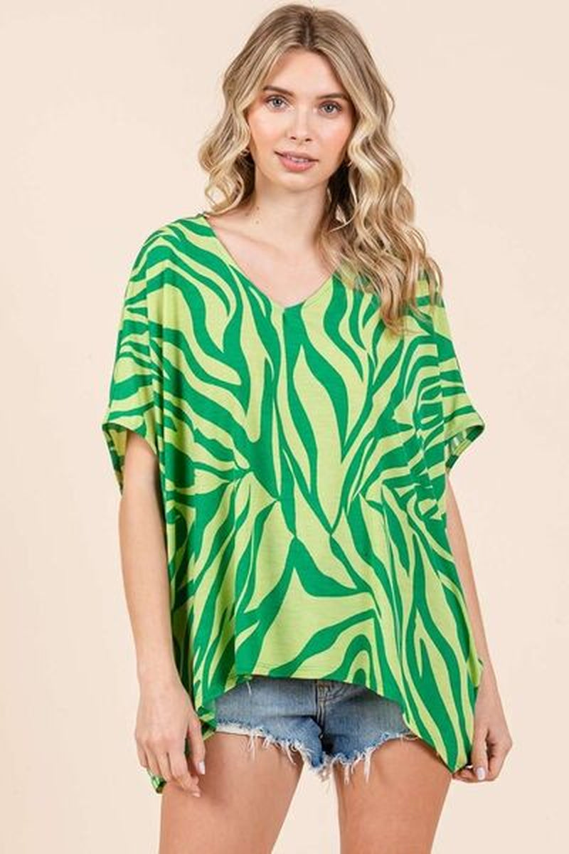 Mittoshop Zebra Print V-Neck Short Sleeve Oversized Top