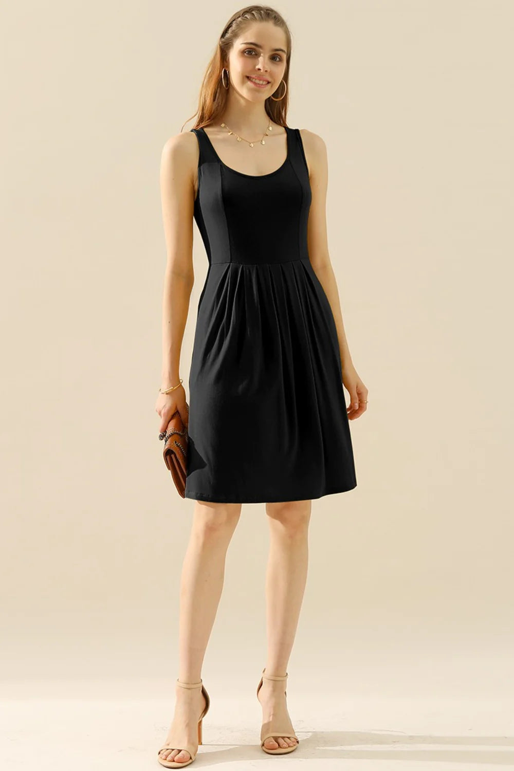 Doublju Full Size round Neck Ruched Sleeveless Dress with Pockets