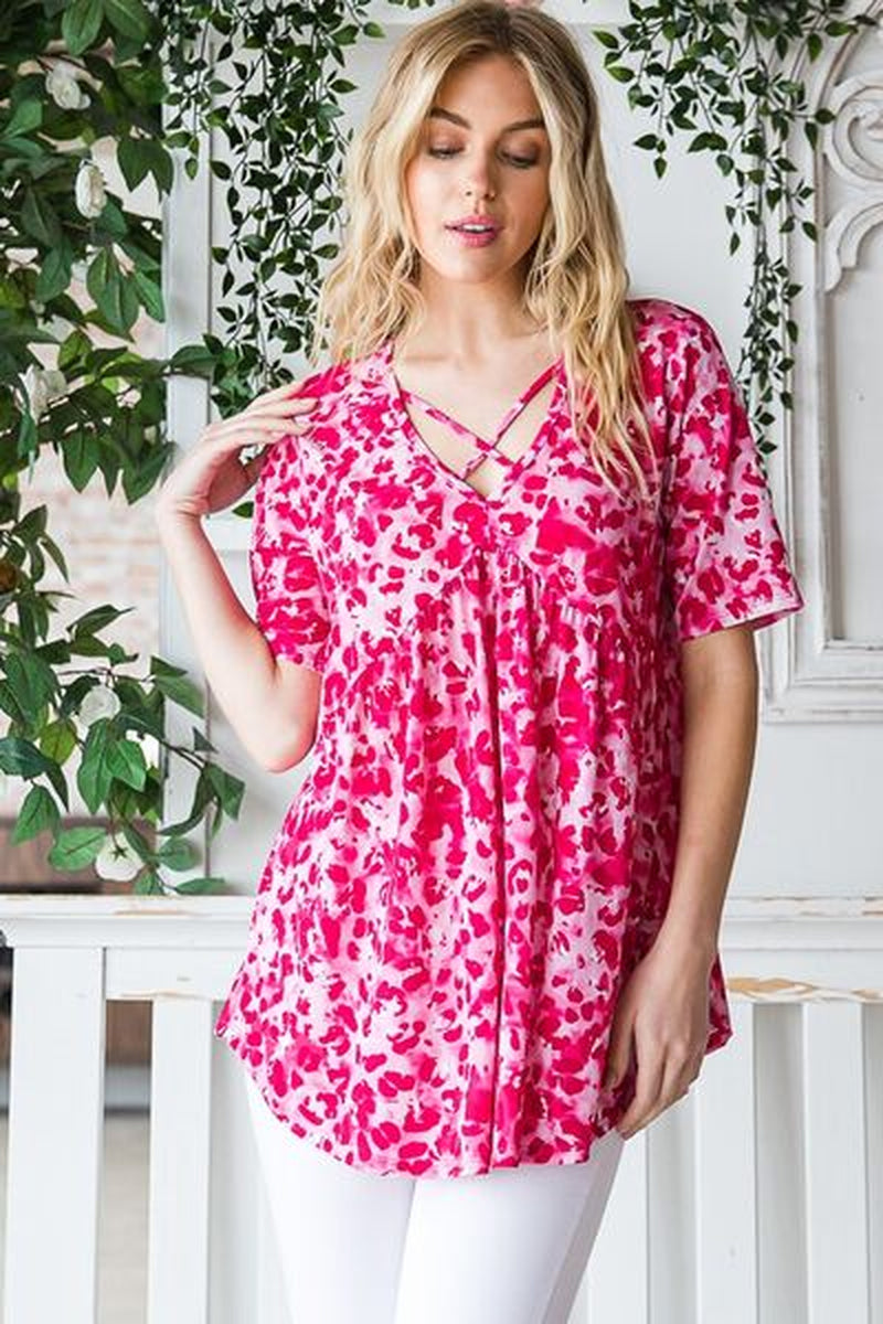 Heimish Full Size Short Sleeve Crisscross Animal Babydoll Top plus Size