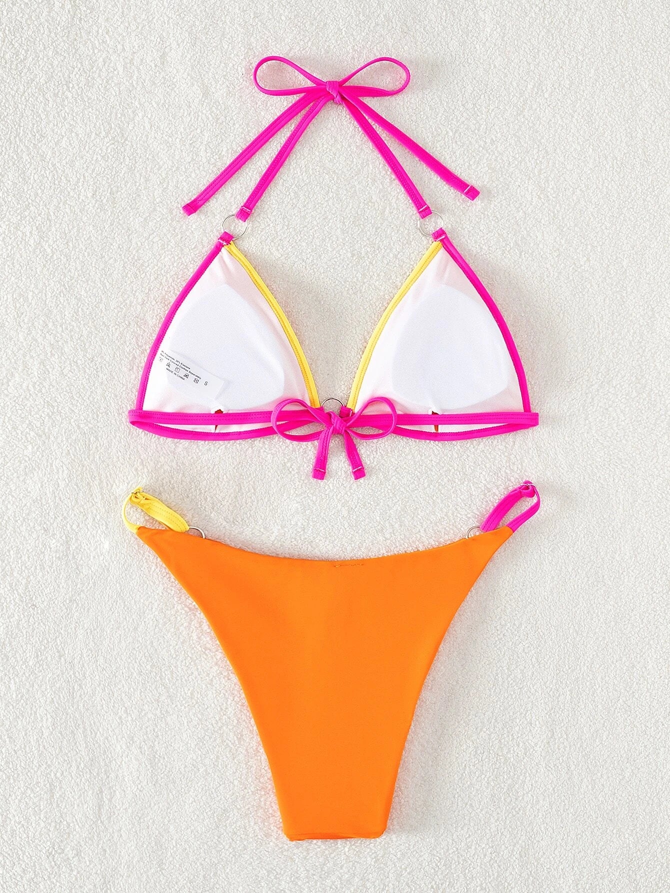 Swim Summer Beach Contrast Binding Ring Linked Triangle Bikini Set