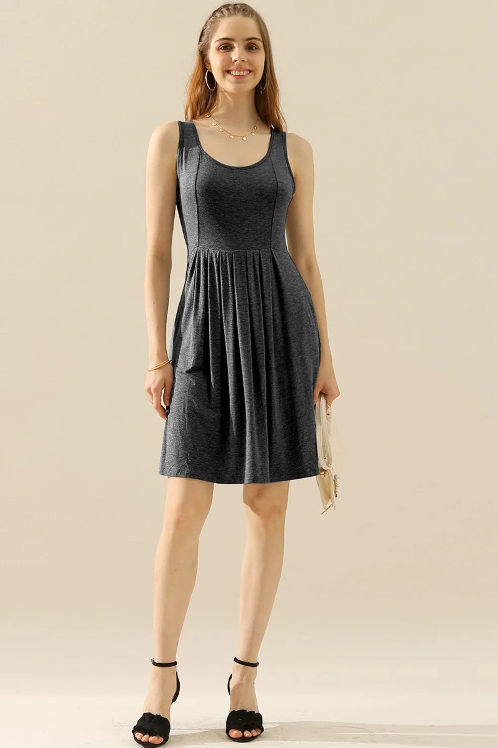Doublju Full Size round Neck Ruched Sleeveless Dress with Pockets