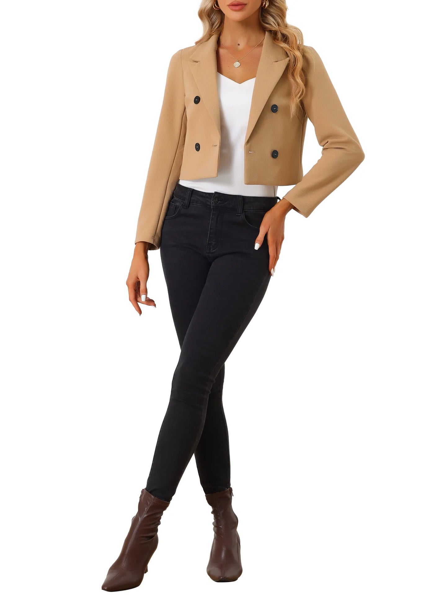 Cropped Blazer Jacket for Women'S Notched Lapel Collar Casual Office Blazers M Khaki