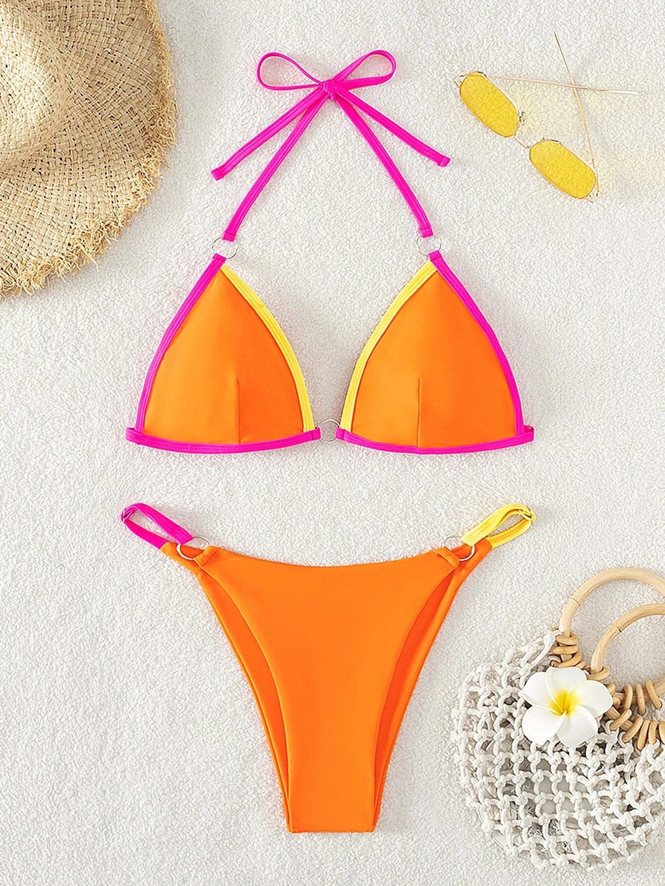 Swim Summer Beach Contrast Binding Ring Linked Triangle Bikini Set