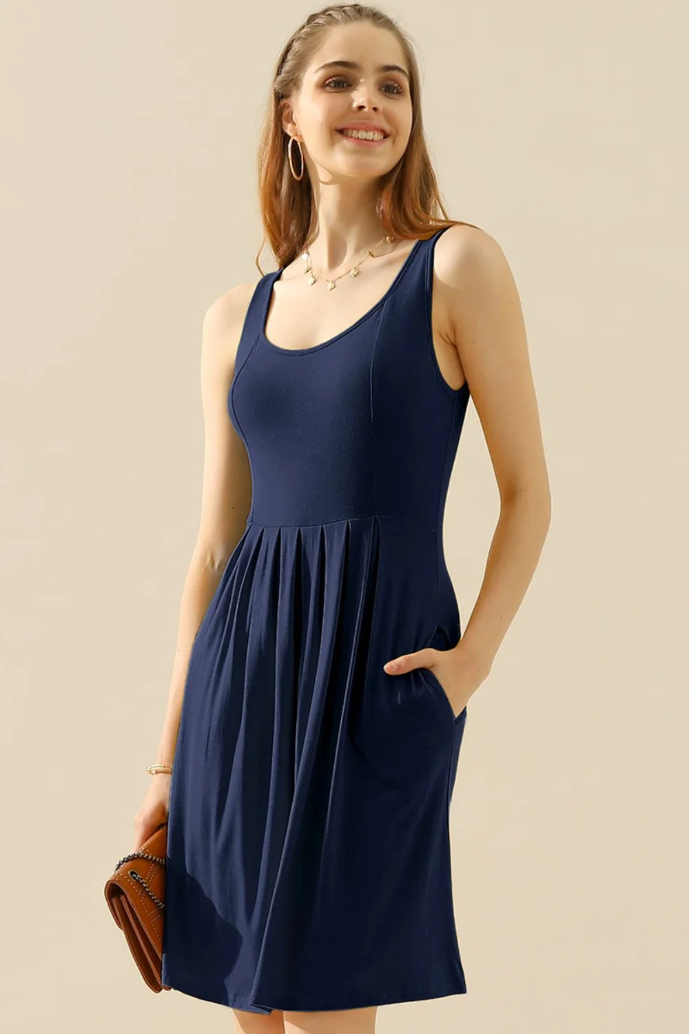 Doublju Full Size round Neck Ruched Sleeveless Dress with Pockets