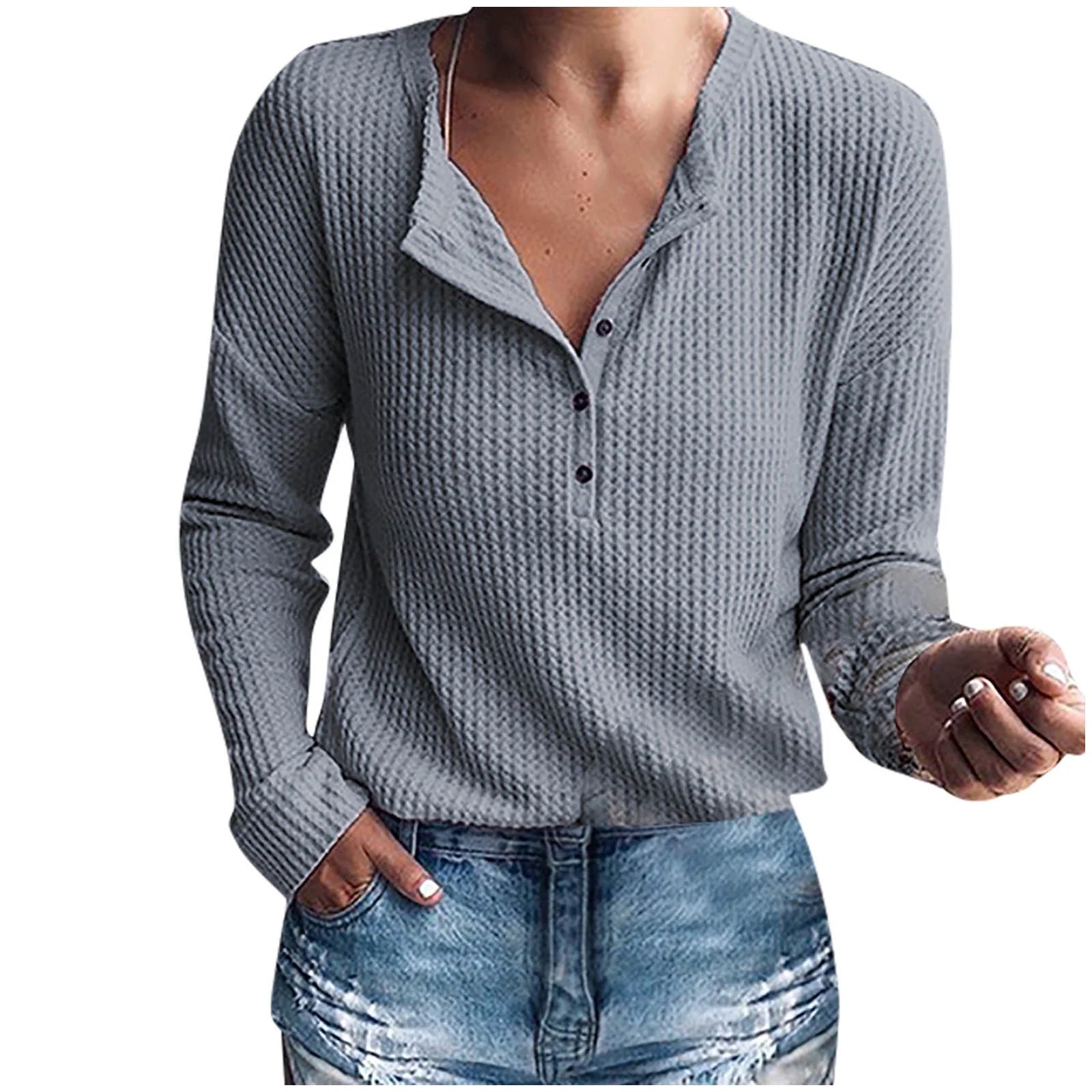 Womens Waffle Knit Tunic Top Long Sleeve V Neck Button up Casual Tops Ribbed Solid Color Henley T Shirts Blouse