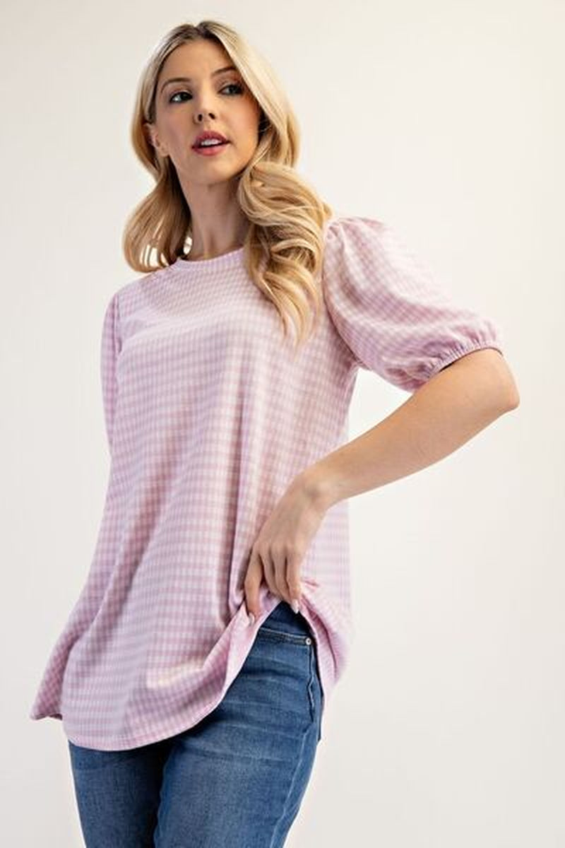 Celeste Full Size Gingham Print Top with Puff Sleeves plus Size