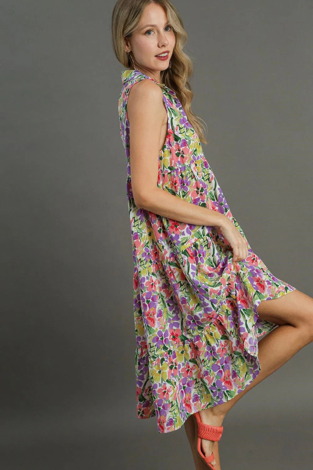 Umgee Full Size High-Low Hem Floral Sleeveless Tiered Dress plus Size