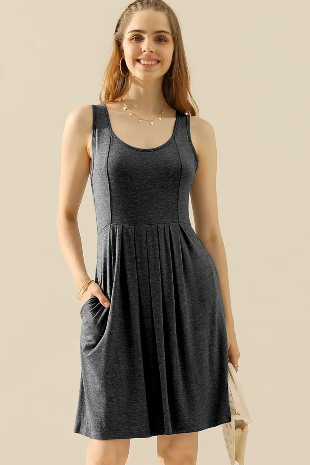 Doublju Full Size round Neck Ruched Sleeveless Dress with Pockets