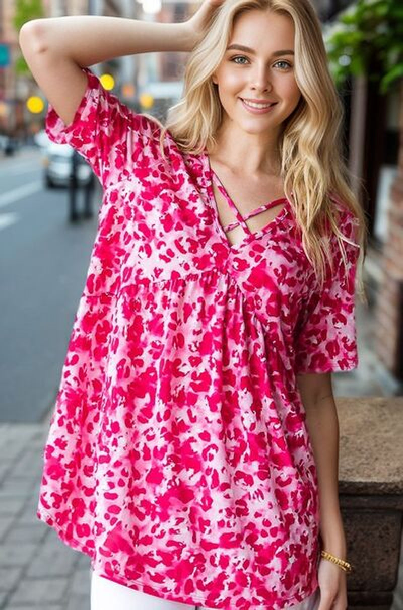 Heimish Full Size Short Sleeve Crisscross Animal Babydoll Top plus Size