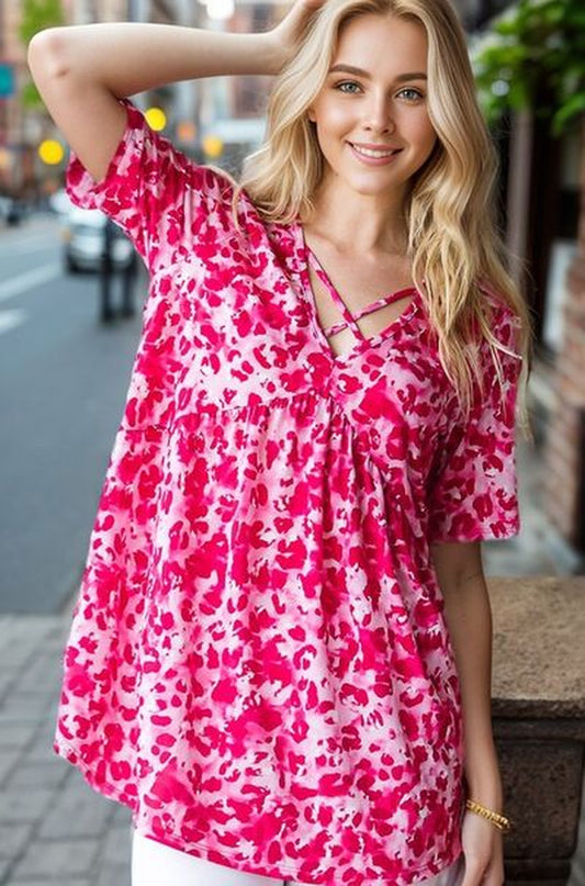 Heimish Full Size Short Sleeve Crisscross Animal Babydoll Top plus Size