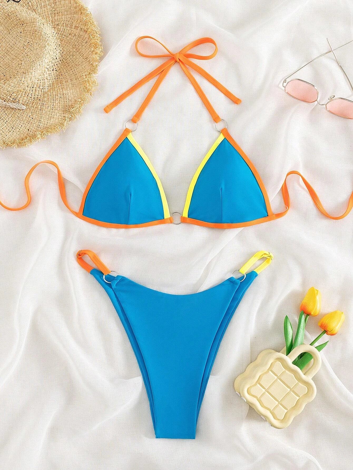 Swim Summer Beach Contrast Binding Ring Linked Triangle Bikini Set