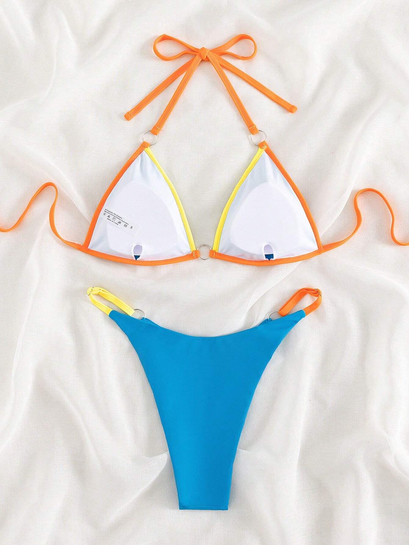 Swim Summer Beach Contrast Binding Ring Linked Triangle Bikini Set