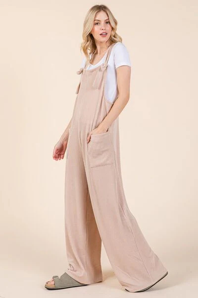 BOMBOM Knot Straps Wide Leg Ribbed Overalls with Pockets