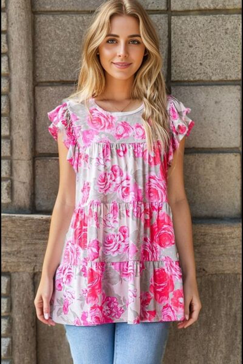 Heimish Full Size Butterfly Sleeve round Neck Floral Tiered Top plus Size