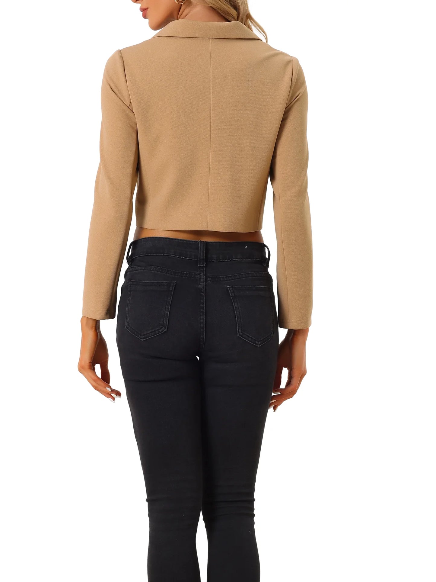 Cropped Blazer Jacket for Women'S Notched Lapel Collar Casual Office Blazers M Khaki