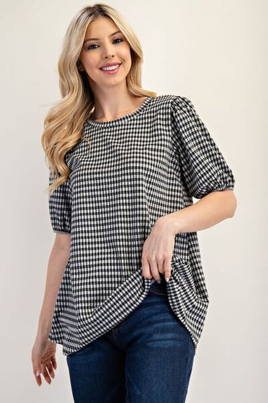 Celeste Full Size Gingham Print Top with Puff Sleeves plus Size