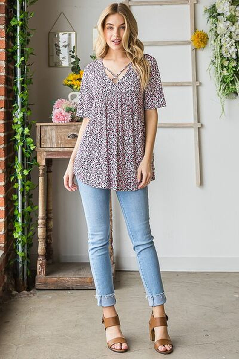 Heimish Full Size Short Sleeve Crisscross Animal Babydoll Top plus Size