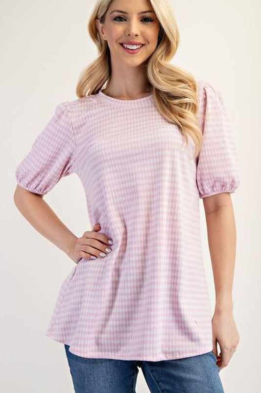 Celeste Full Size Gingham Print Top with Puff Sleeves plus Size