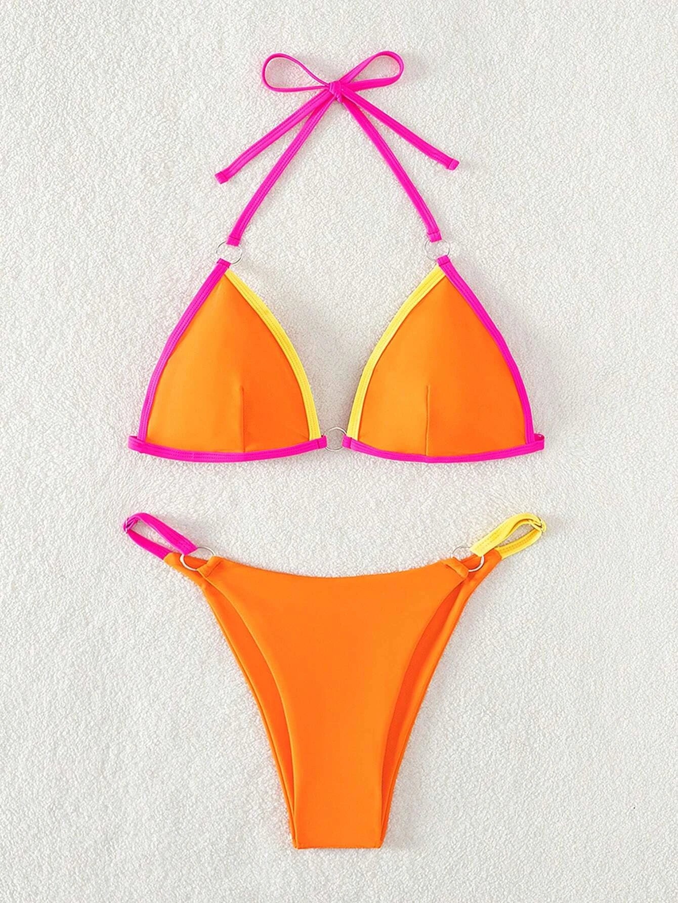 Swim Summer Beach Contrast Binding Ring Linked Triangle Bikini Set