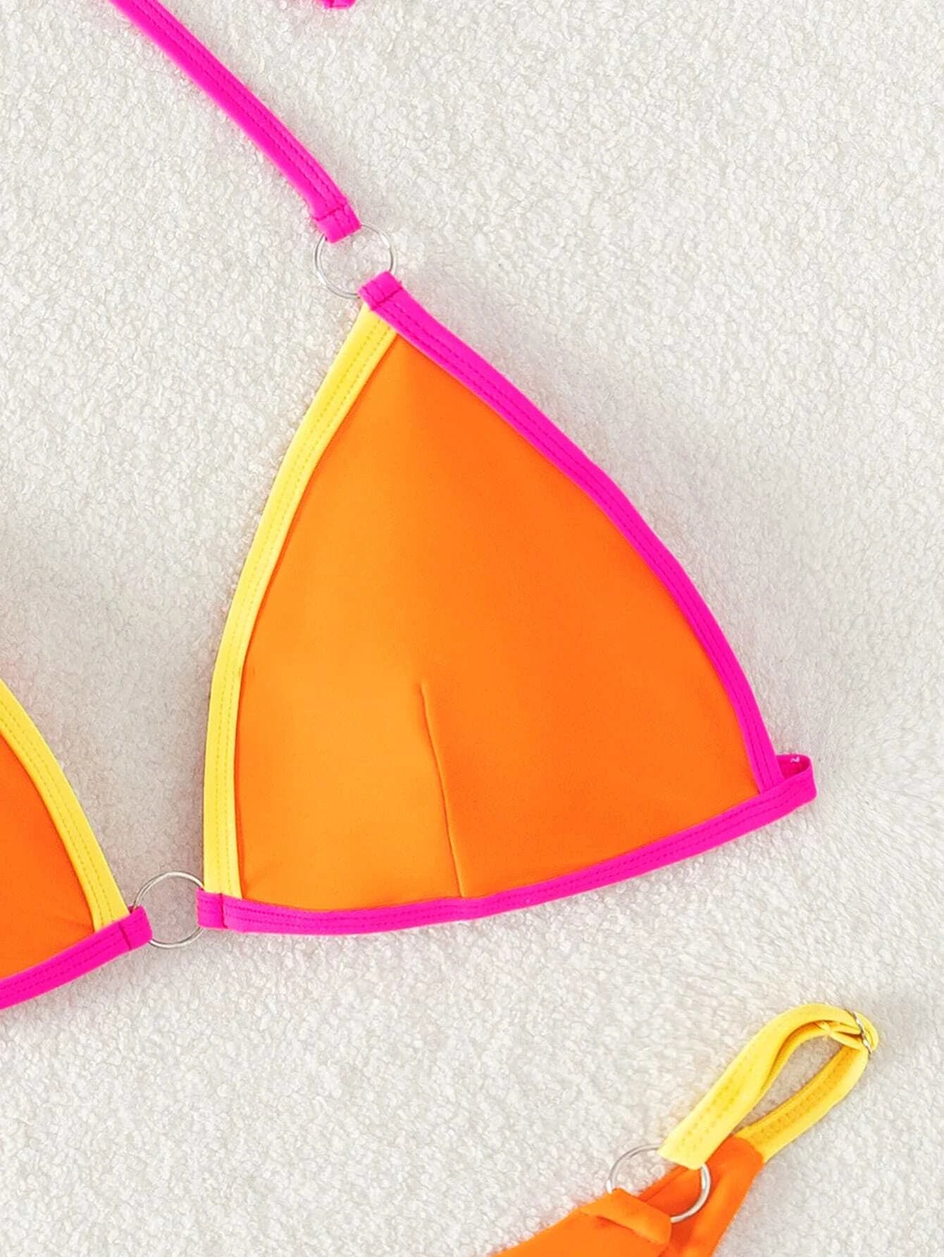 Swim Summer Beach Contrast Binding Ring Linked Triangle Bikini Set