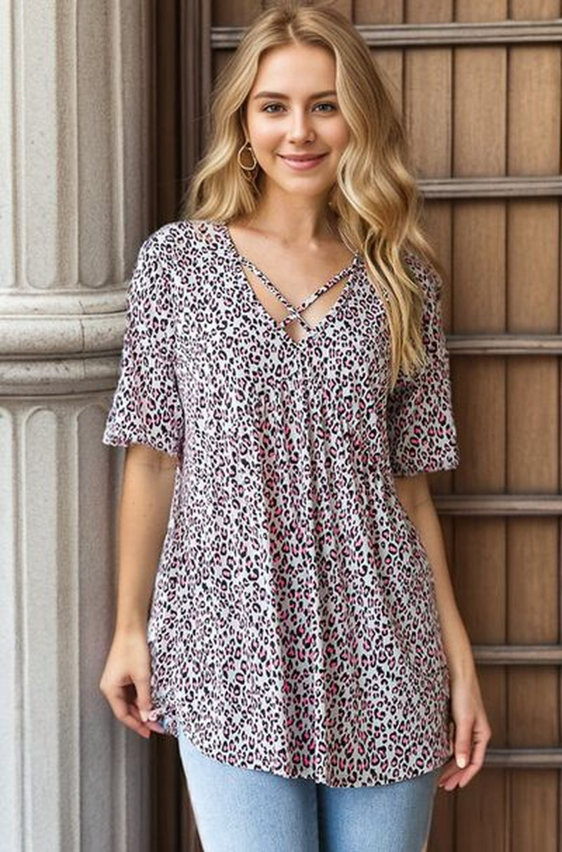 Heimish Full Size Short Sleeve Crisscross Animal Babydoll Top plus Size