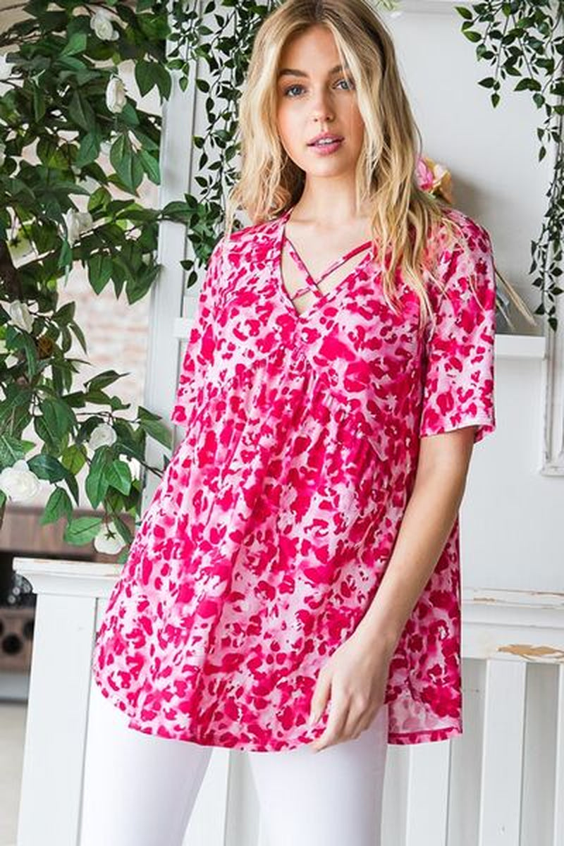 Heimish Full Size Short Sleeve Crisscross Animal Babydoll Top plus Size