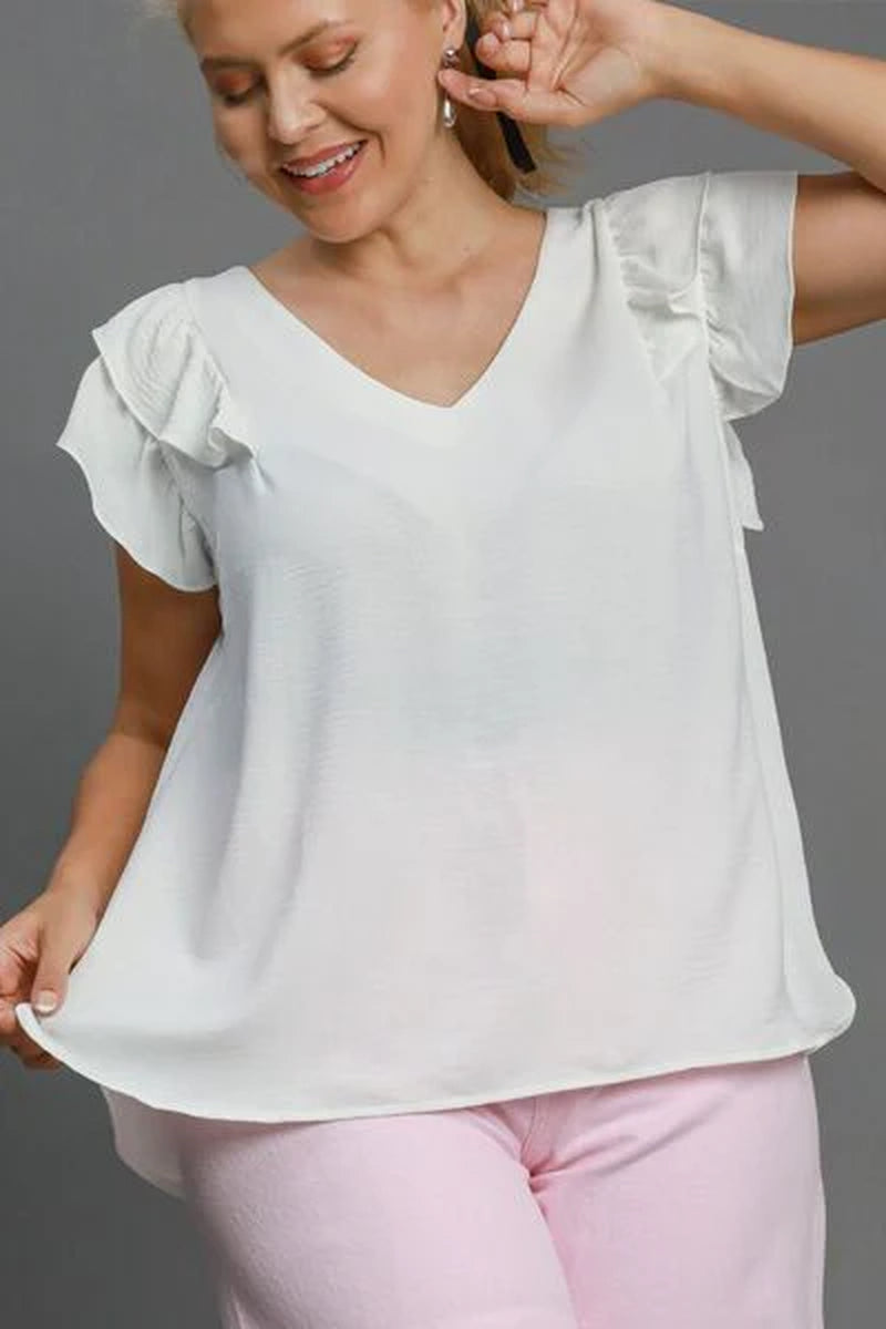 Umgee Full Size V-Neck Double Layered Ruffle Sleeve Blouse plus Size