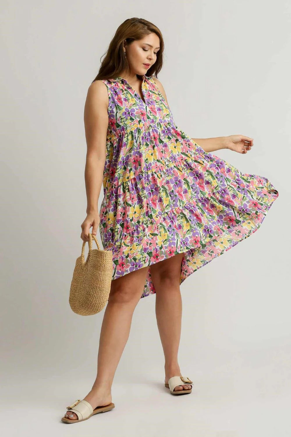 Umgee Full Size High-Low Hem Floral Sleeveless Tiered Dress plus Size