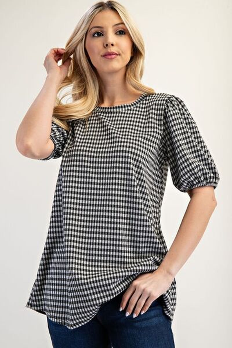 Celeste Full Size Gingham Print Top with Puff Sleeves plus Size