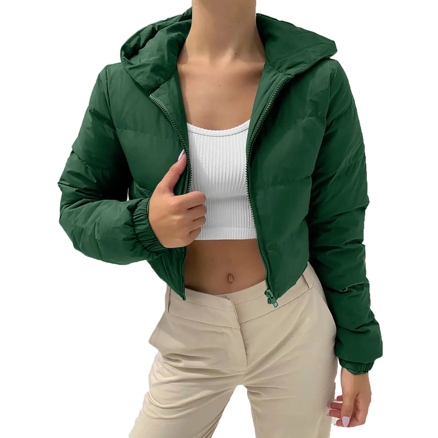 Bubble Puffer Winter Warm Hooded Jacket Women Fashion Cropped Coats Long Sleeve Outerwear Zipper Casual Parkas Padded Coat