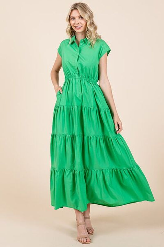 Mittoshop Button up Collared Tiered Maxi Shirt Dress