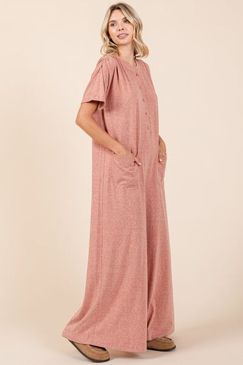 Mittoshop Button Detail Jumpsuit - Short Sleeve Wide Leg Jumpsuit