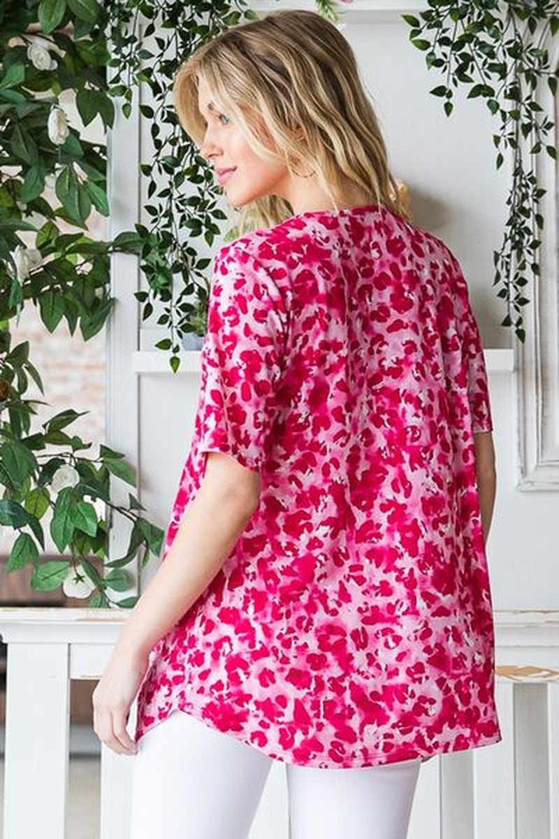 Heimish Full Size Short Sleeve Crisscross Animal Babydoll Top plus Size