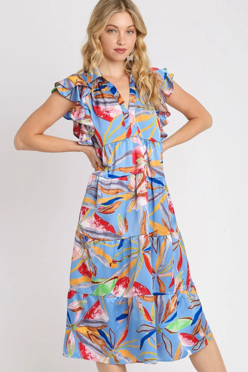 Umgee Full Size Leaf Print Double Layered Ruffle Sleeve Tiered Midi Dress plus Size