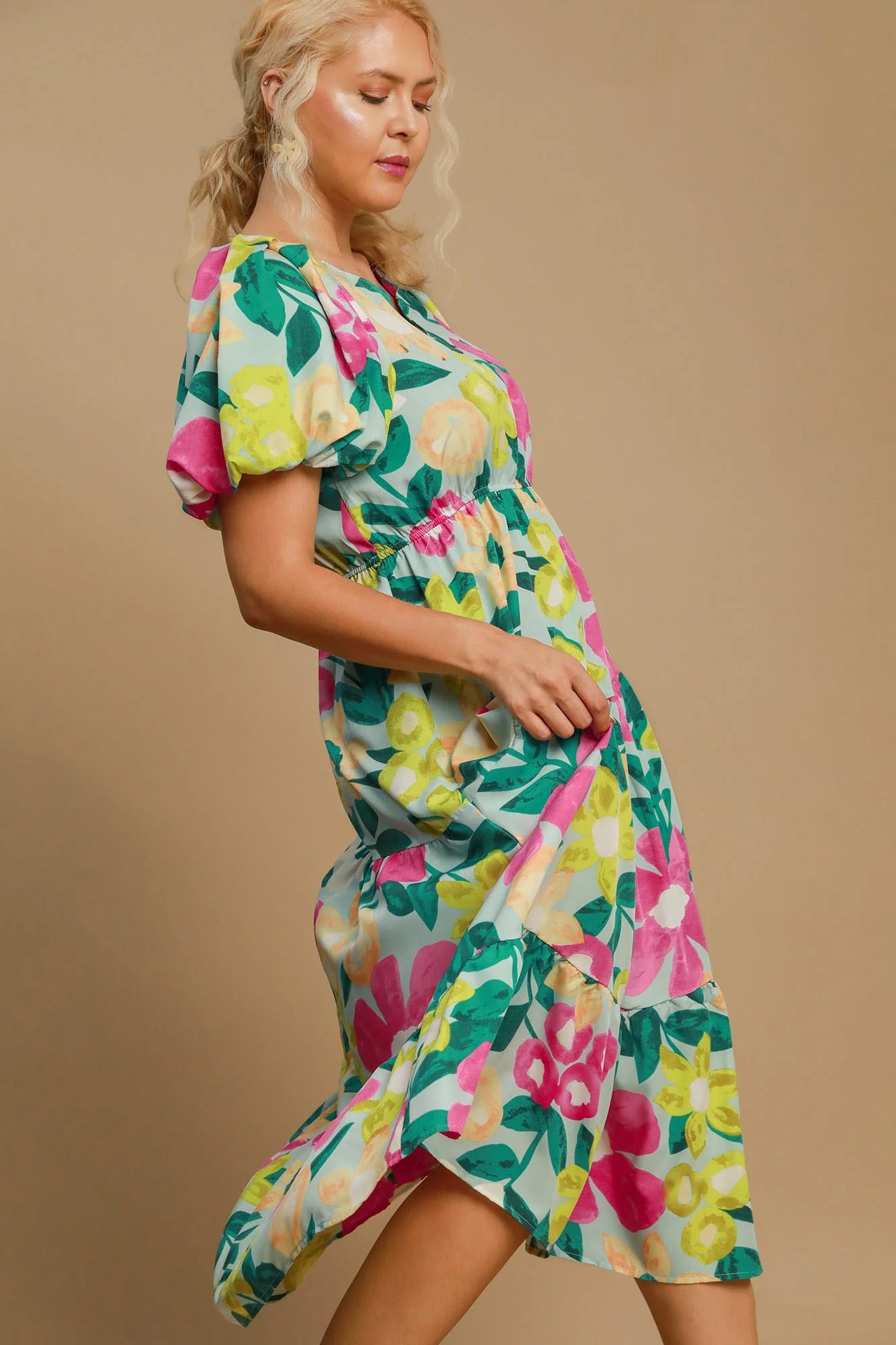 Umgee Full Size Tiered Floral Print Notched Puff Sleeve Midi Dress plus Size