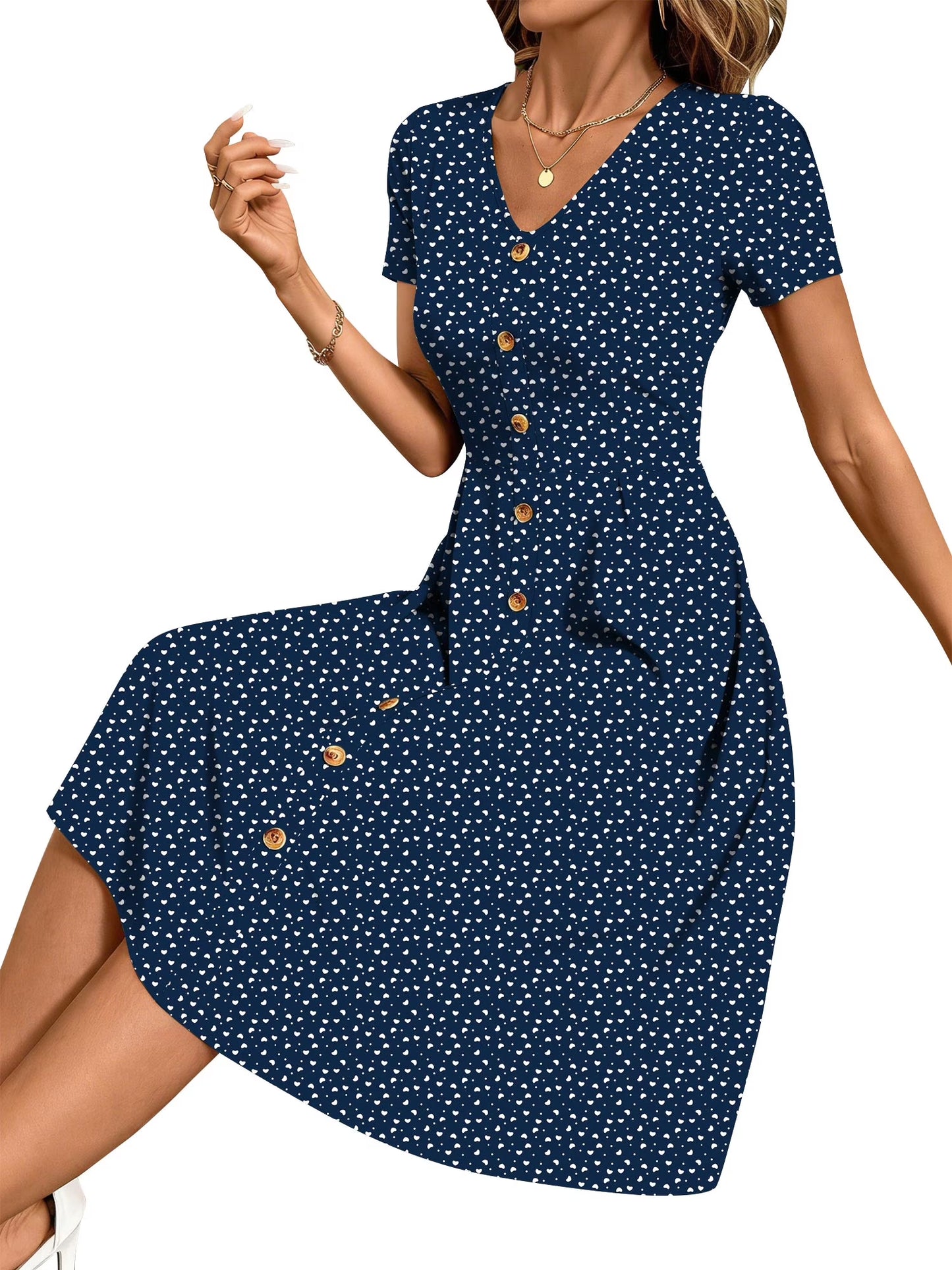 Summer Dresses for Women Button Floral Midi Sundress Short Sleeve V Neck Casual Polka Dot Dress L