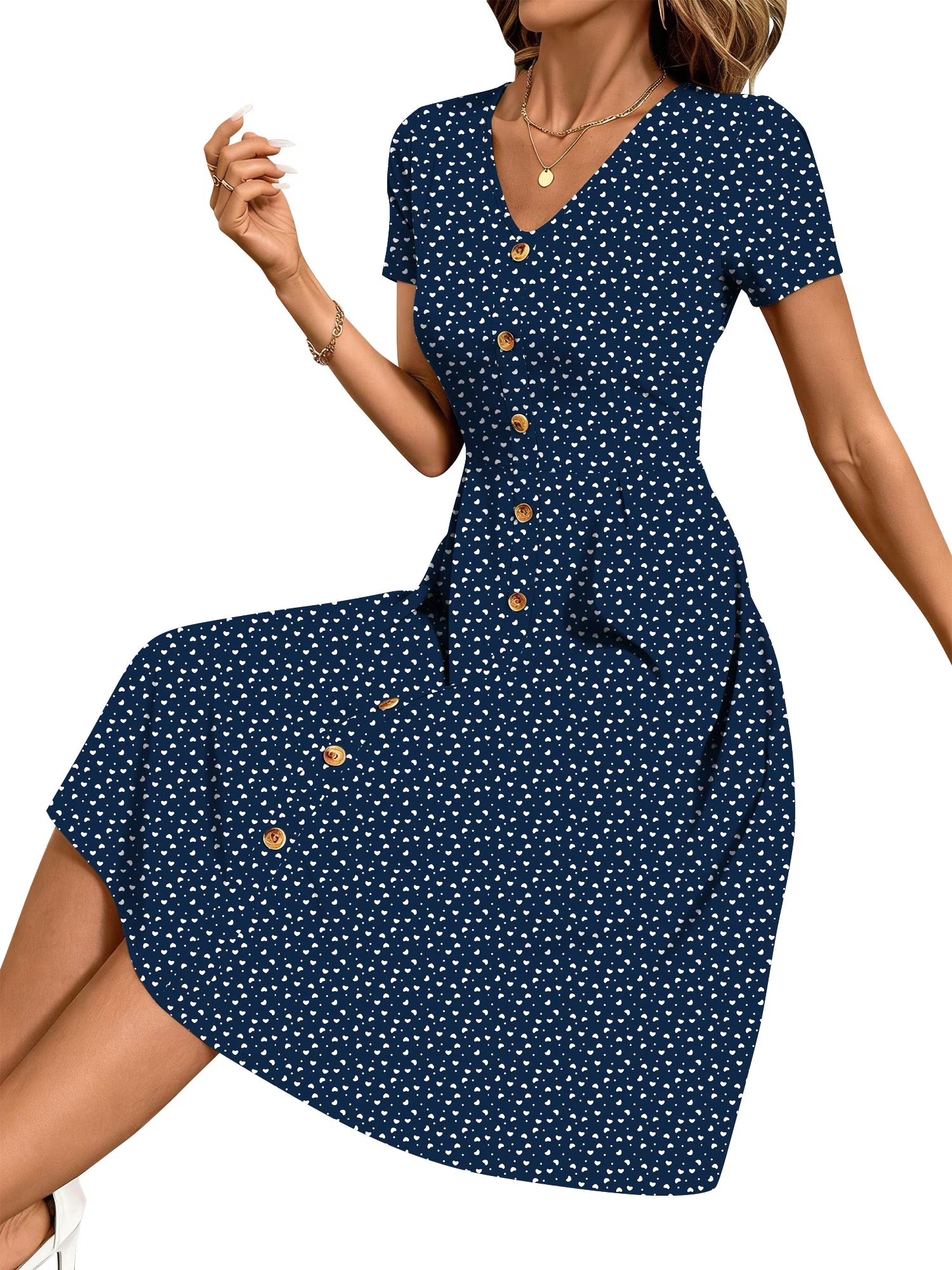 Summer Dresses for Women Button Floral Midi Sundress Short Sleeve V Neck Casual Polka Dot Dress L