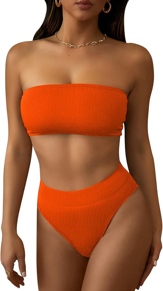 Women'S Removable Strap Pad High Waisted Ribbed Bikini High Cut Swimsuit Bathing Suit Orange M