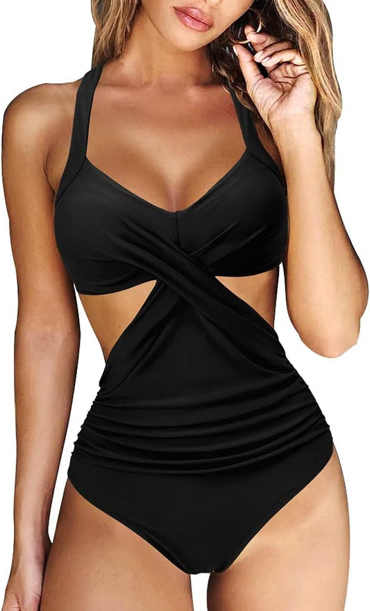 Women Front Cross Cutout One Piece Swimsuit Tummy Control High Waisted Monokini Bathing Suit
