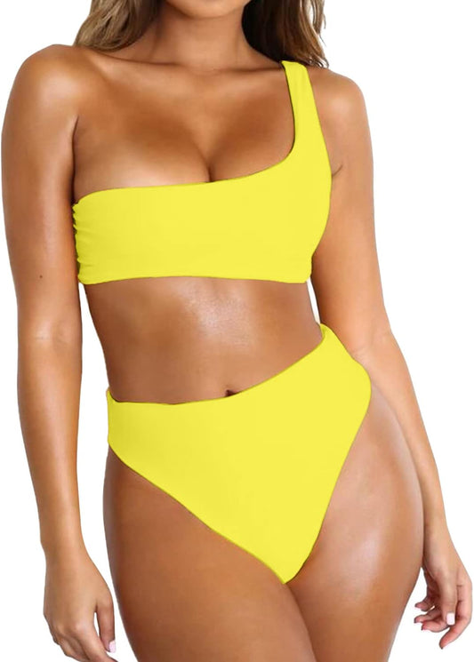 Womens Bikini One Shoulder Top with High Waisted Bottom Two Piece Swimsuits