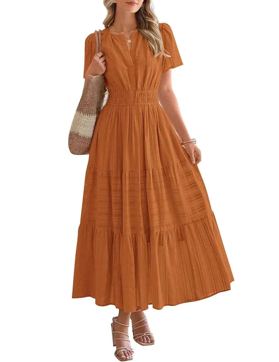 BTFBM Women's Summer 2026 Lightweight Casual Maxi Dress with Short Sleeves, V-Neck, Bohemian Style, and Pockets