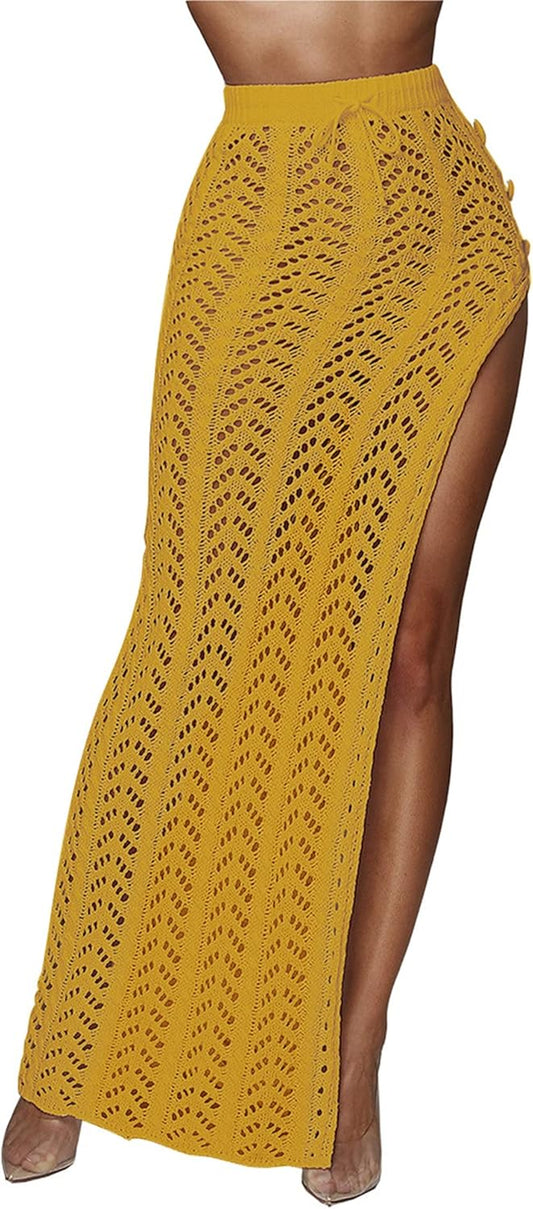 Womens Crochet Beach Cover up Skirts Sexy High Waist Hollow Out Long Maxi Skirt Slit
