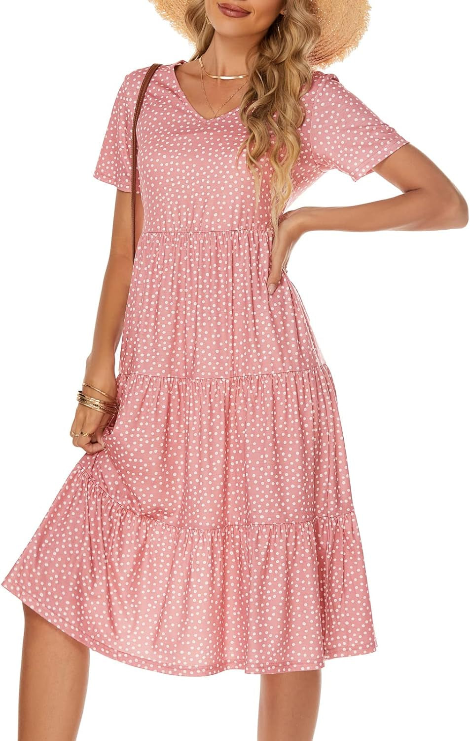 Women's Bohemian Tiered Midi Dress - Short Sleeve V-Neck Loose Cotton Ruffle Babydoll Sundress for Summer 2025