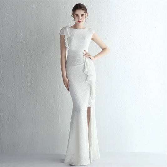 Elegant Gold Sequin Women's Evening Dress with Ruffles and Short Sleeves - Maxi Prom Dress 19228